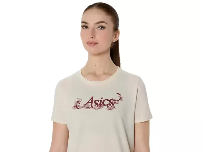 CAMISETA DE MANGA CORTA CON LETRAS FLORALES DE ASICS PARA MUJER CAMISETA DE MANGA CORTA CON LETRAS FLORALES DE ASICS PARA MUJER
