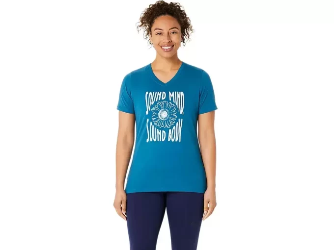 Camiseta de mujer con eslogan de girasol y cuello en pico Camiseta de mujer con eslogan de girasol y cuello en pico