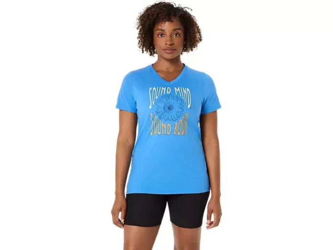 Camiseta de mujer con eslogan de girasol y cuello en pico Camiseta de mujer con eslogan de girasol y cuello en pico