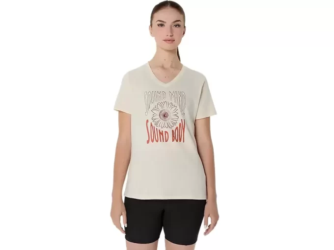 Camiseta de mujer con eslogan de girasol y cuello en pico Camiseta de mujer con eslogan de girasol y cuello en pico
