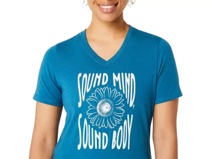 Camiseta de mujer con eslogan de girasol y cuello en pico Camiseta de mujer con eslogan de girasol y cuello en pico