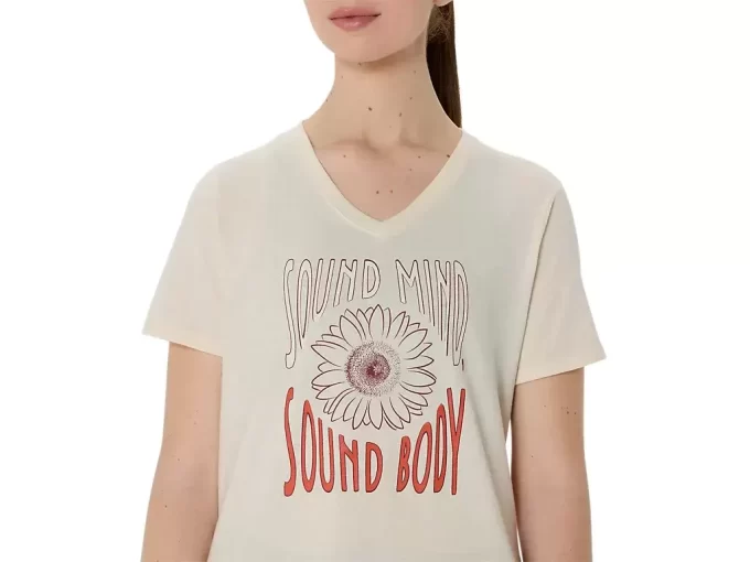 Camiseta de mujer con eslogan de girasol y cuello en pico Camiseta de mujer con eslogan de girasol y cuello en pico
