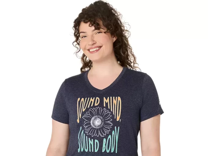 Camiseta de mujer con eslogan de girasol y cuello en pico Camiseta de mujer con eslogan de girasol y cuello en pico